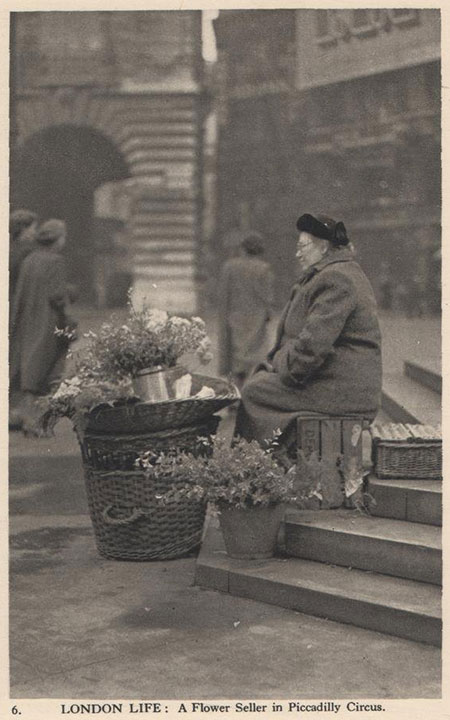 Agnes Pegg, flower seller, at Piccadilly Circus