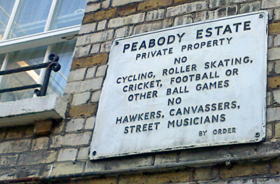 Peabody Estate sign forbidding various noisy activities