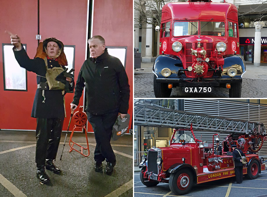 Montage of photos showing fire engines and re-enactors outside Dowgate fire station.