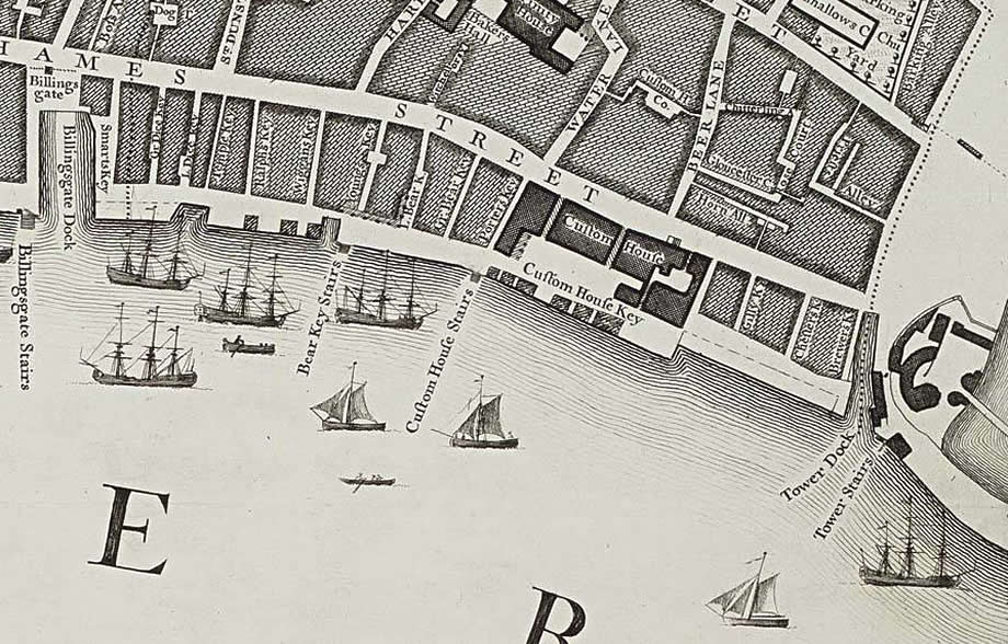 Section from John Roque's map of London showing Custom House Stairs at the centre.