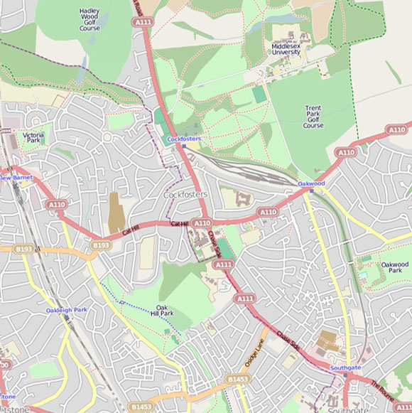 London map OpenStreetMap for Oakwood, Cockfosters