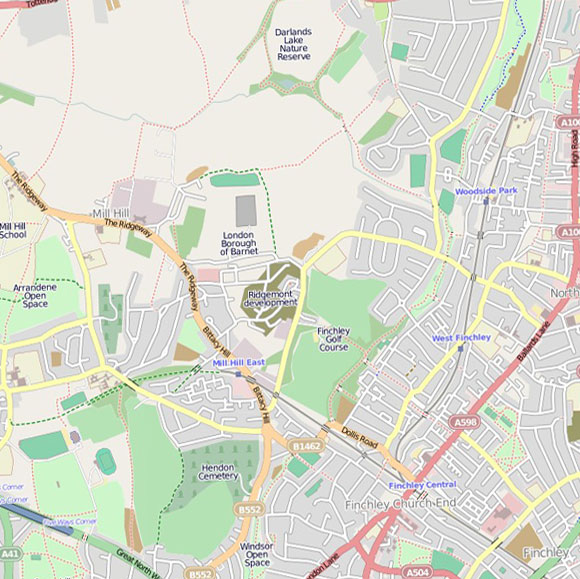 London map OpenStreetMap for Mill Hill, Finchley