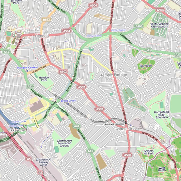 London map OpenStreetMap for Cricklewood, Golders Green