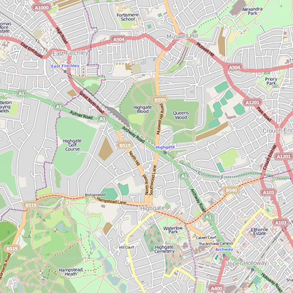 London map OpenStreetMap for Hampstead Heath, Highgate, Archway