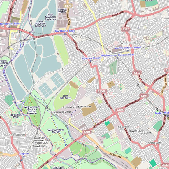 London map OpenStreetMap for Walthamstow, Leyton, Lea Bridge