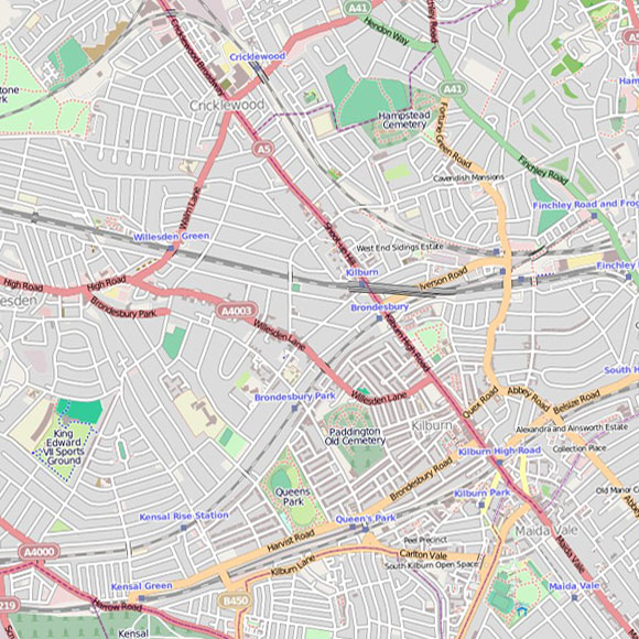 London map OpenStreetMap for Willesden, Kilburn, West Hampstead
