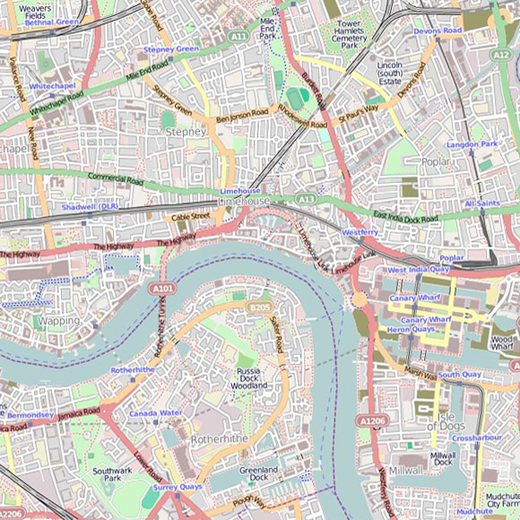 London map OpenStreetMap for Mile End, Isle of Dogs, Rotherhithe