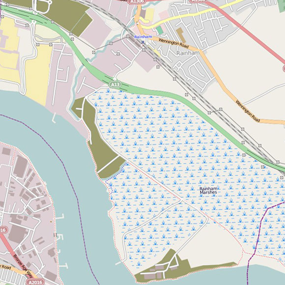 London map OpenStreetMap for Rainham, Wennington Marshes