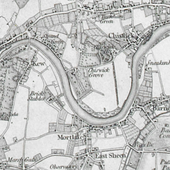 Ordnance Survey First Series map for Kew, Mortlake, Chiswick