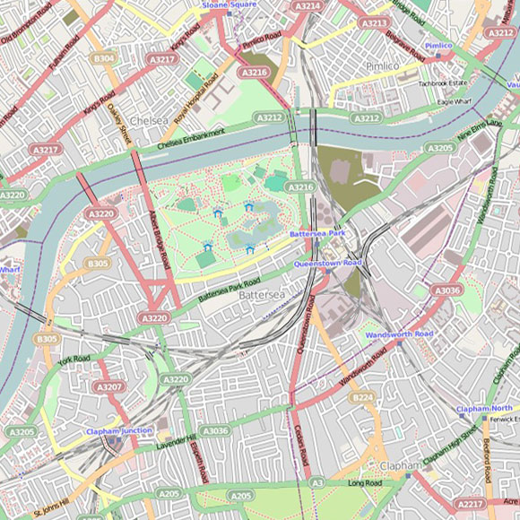London map OpenStreetMap for Chelsea, Battersea, Clapham