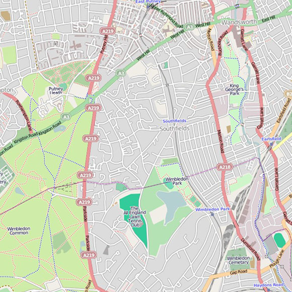 London map OpenStreetMap for Putney Heath, Wandsworth, Wimbledon Common