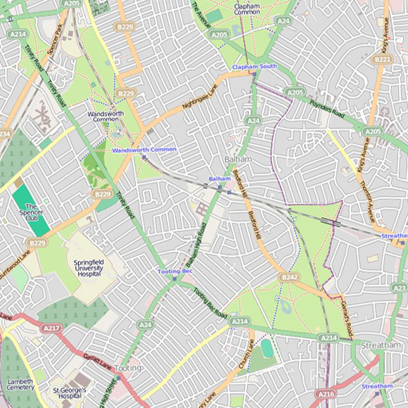 London map OpenStreetMap for Balham, Streatham, Tooting