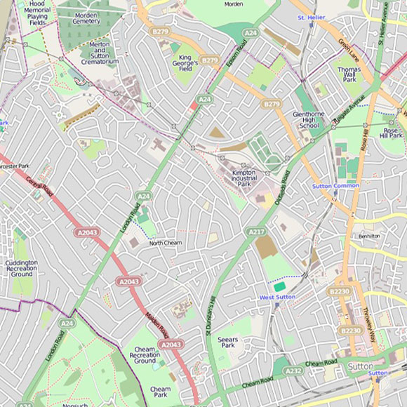 London map OpenStreetMap for North Cheam, Sutton